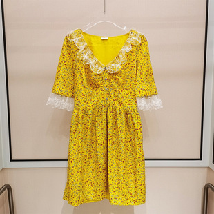 miu家碎花连衣裙夏2020新款女雪纺气质显瘦修身v领淡黄色长裙