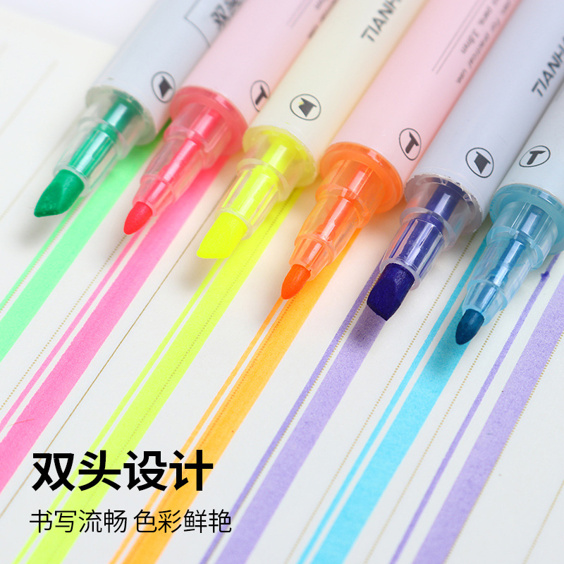 Double-Headed Fluorescent Pen Double-Headed 6-Color Rough Line Color Mark Creative Cultural Gift Wholesale