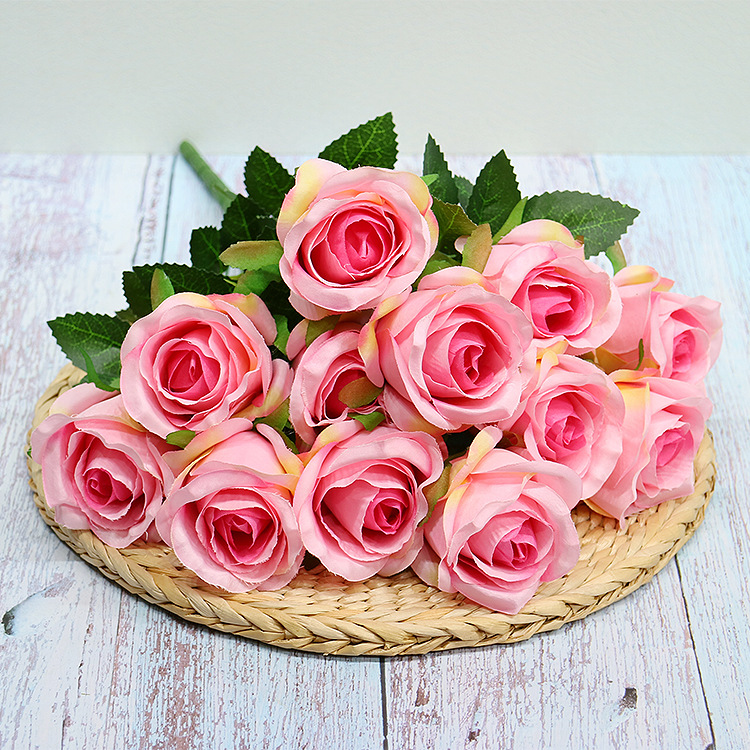 产地货源 12头把束小苞心玫瑰 软装装饰假花 婚庆用品 欧式仿真花