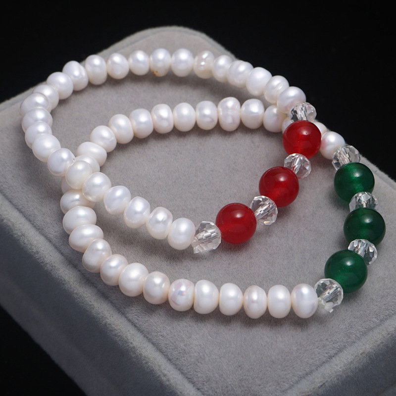 简约天然淡水珍珠手链女67mm扁圆真珍珠玛瑙手串摆地摊货源批发