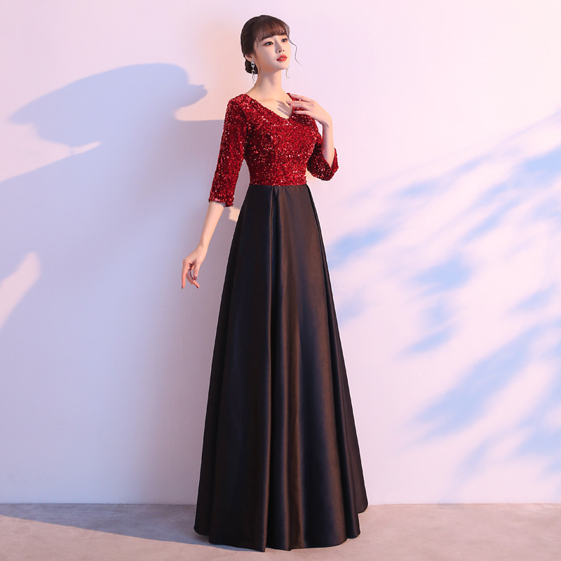 大合唱演出服女红色亮片2020新款气质主持人晚礼服裙红歌比赛服装