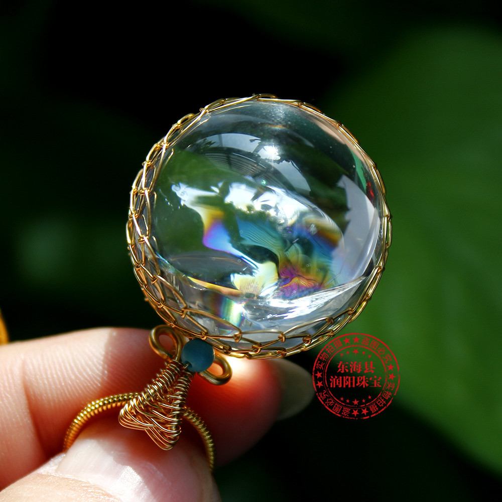 东海七彩白水晶球珠吊坠七彩胶花彩虹球镶嵌项链饰品能量石