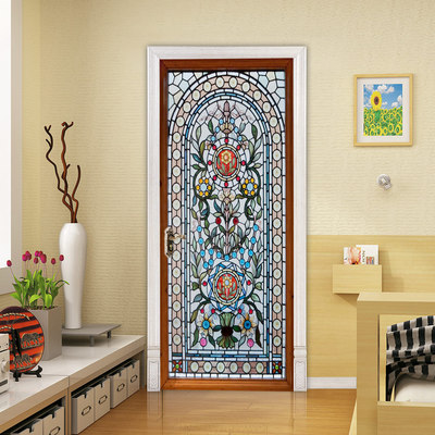 创意3d彩色玻璃花门贴 自粘卧室美化pvc贴纸 复古仿真壁画-阿里巴巴