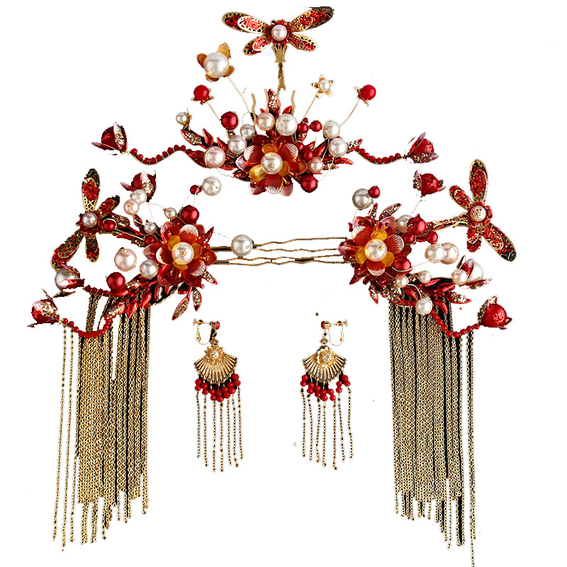 中式新娘秀禾服头饰凤冠大气步摇红色饰品结婚2020新款秀和发饰女