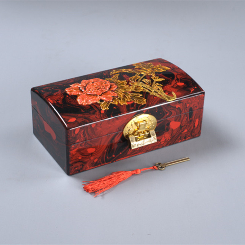 推光漆器首饰盒带锁漂金漆彩绘简约收纳盒生日婚庆礼品饰品包装盒