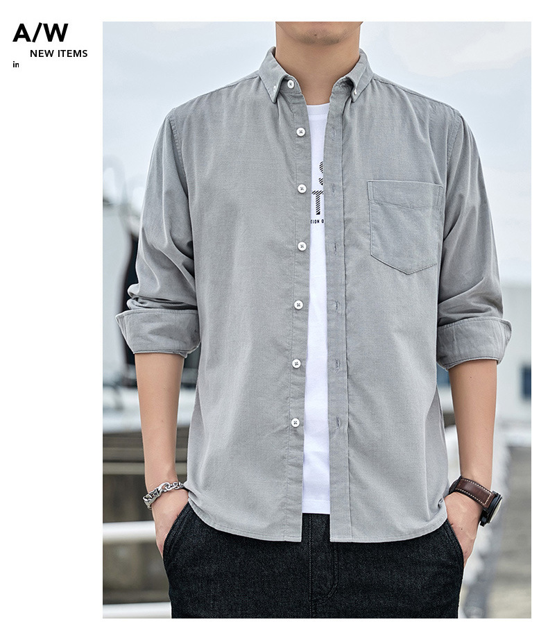 全棉长袖灯芯绒衬衫男打底衫春秋中老年纯色外套休闲百搭复古衬衣