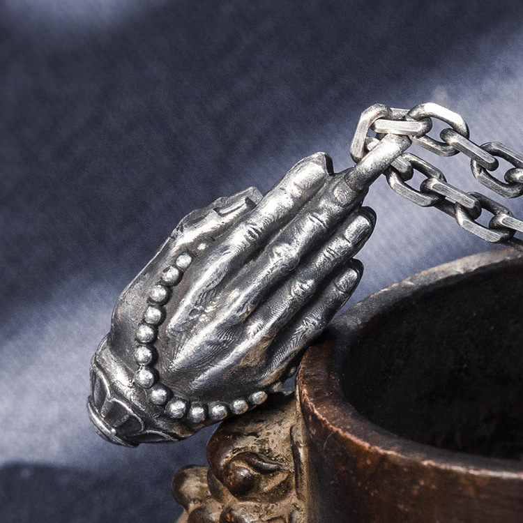 s999足银中国风个性佛珠佛手吊坠男女足银酷酷的祈祷项链潮