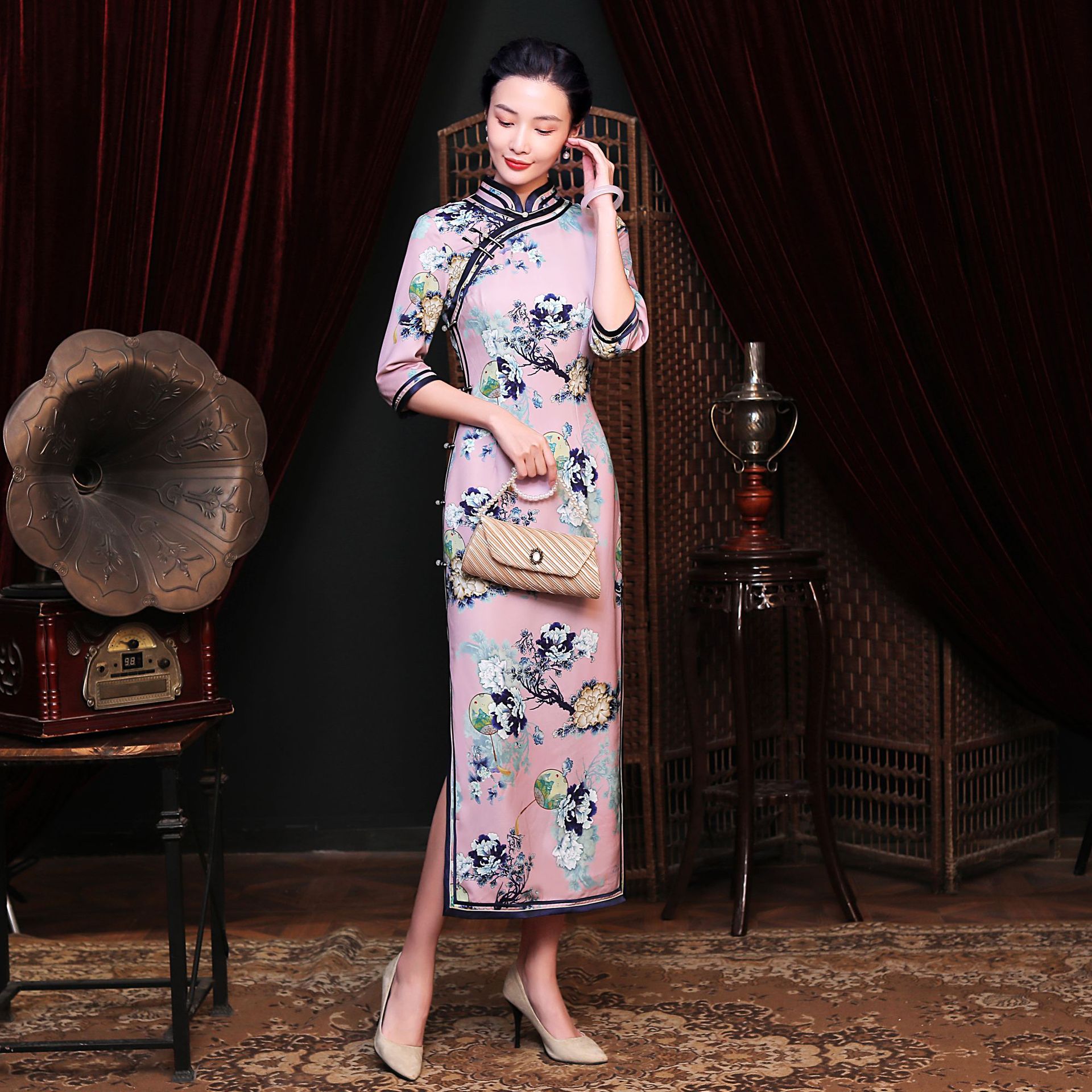 秋季新款钻石丝旗袍裙复古中国风修身连衣裙日常聚会走秀表演旗袍