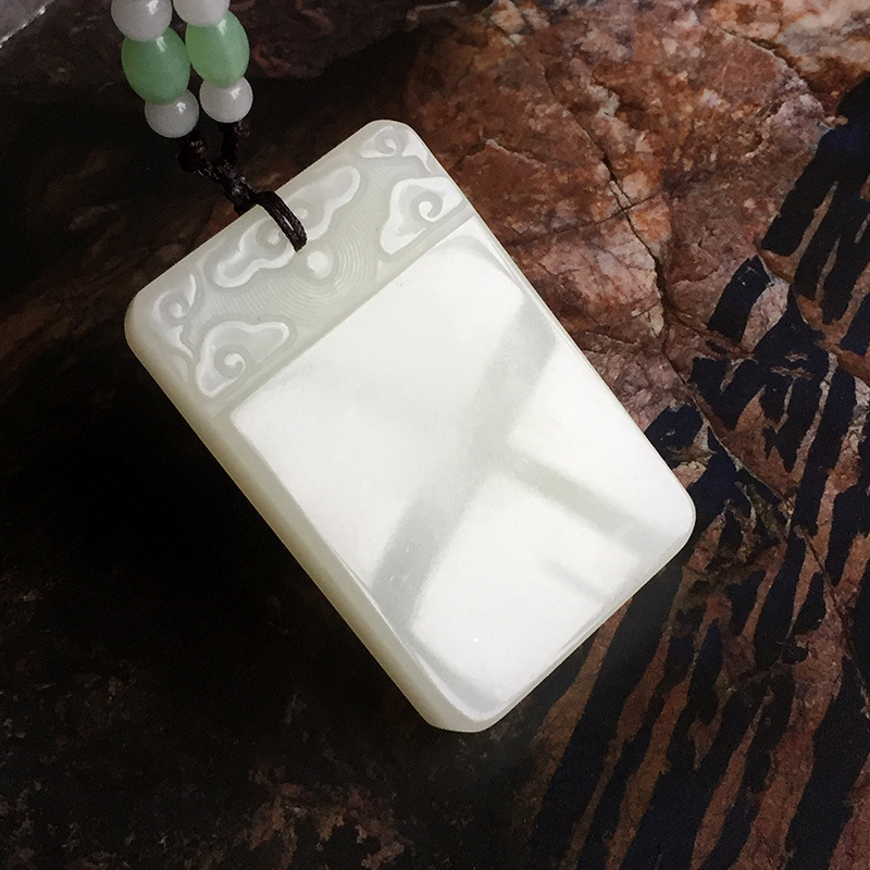 外蒙料白玉平安无事牌吊坠男女玉石项链云纹牌头吉祥物玉佩挂件
