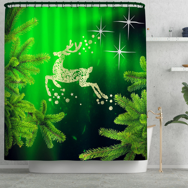 Foreign Trade Popular Style Digital Color Printing Shower Curtain Grass Snowflake Deer Carpet Set Christmas Bath Mat