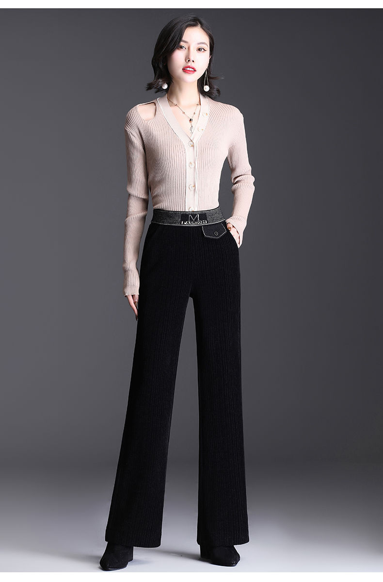 雪尼尔阔腿裤女加绒加厚垂坠感直筒微喇长裤2020秋冬高腰条绒女裤