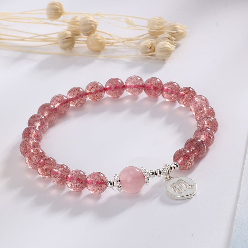 天然粉水晶草莓晶圆珠单圈手链diy原创手工搭配s925银吊坠男女款