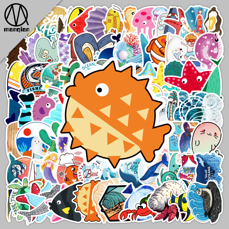 100张不重复可爱海洋系列生物涂鸦贴纸行李箱汽车卡通装饰贴纸