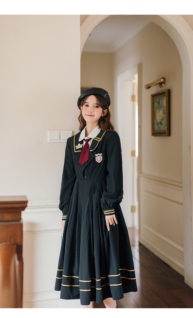 实拍文艺复古刺绣西装海军领气质甜美连衣裙学院风制服长裙秋