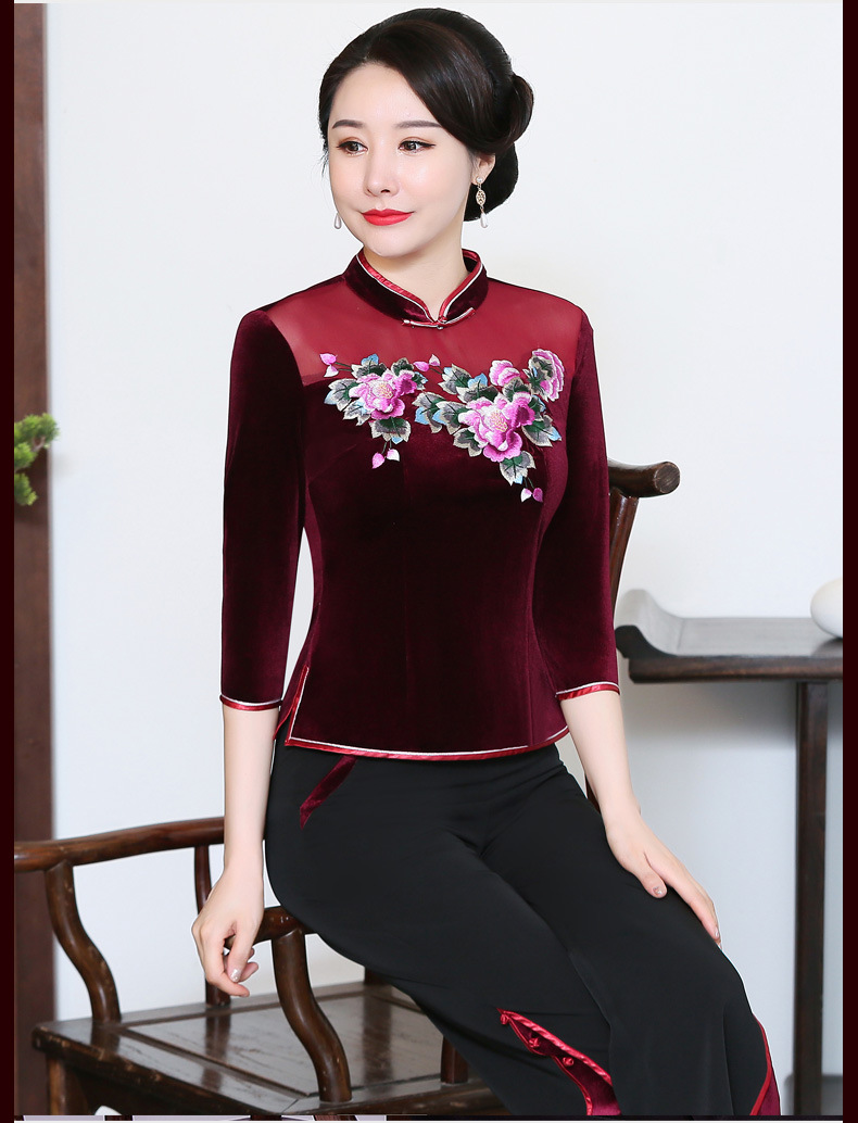 金丝绒改良旗袍上衣刺绣短款时尚新款女唐装套装中式妈妈装婚宴服