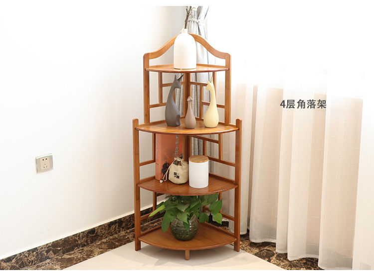 新中式转角架墙角花架实木三角架竹角落架隔板复古客厅茶室置物架