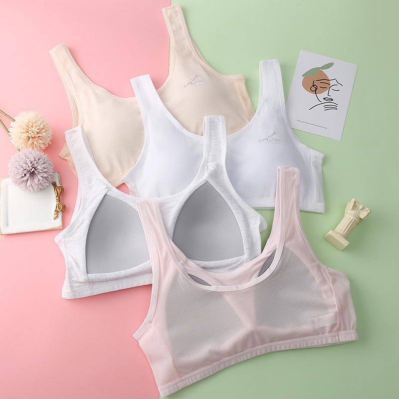Teenage Girl Puberty Cotton Underwear One-Piece Cup Padded Bras Student Anti-Exposure Wrapped Chest Breathable Mesh