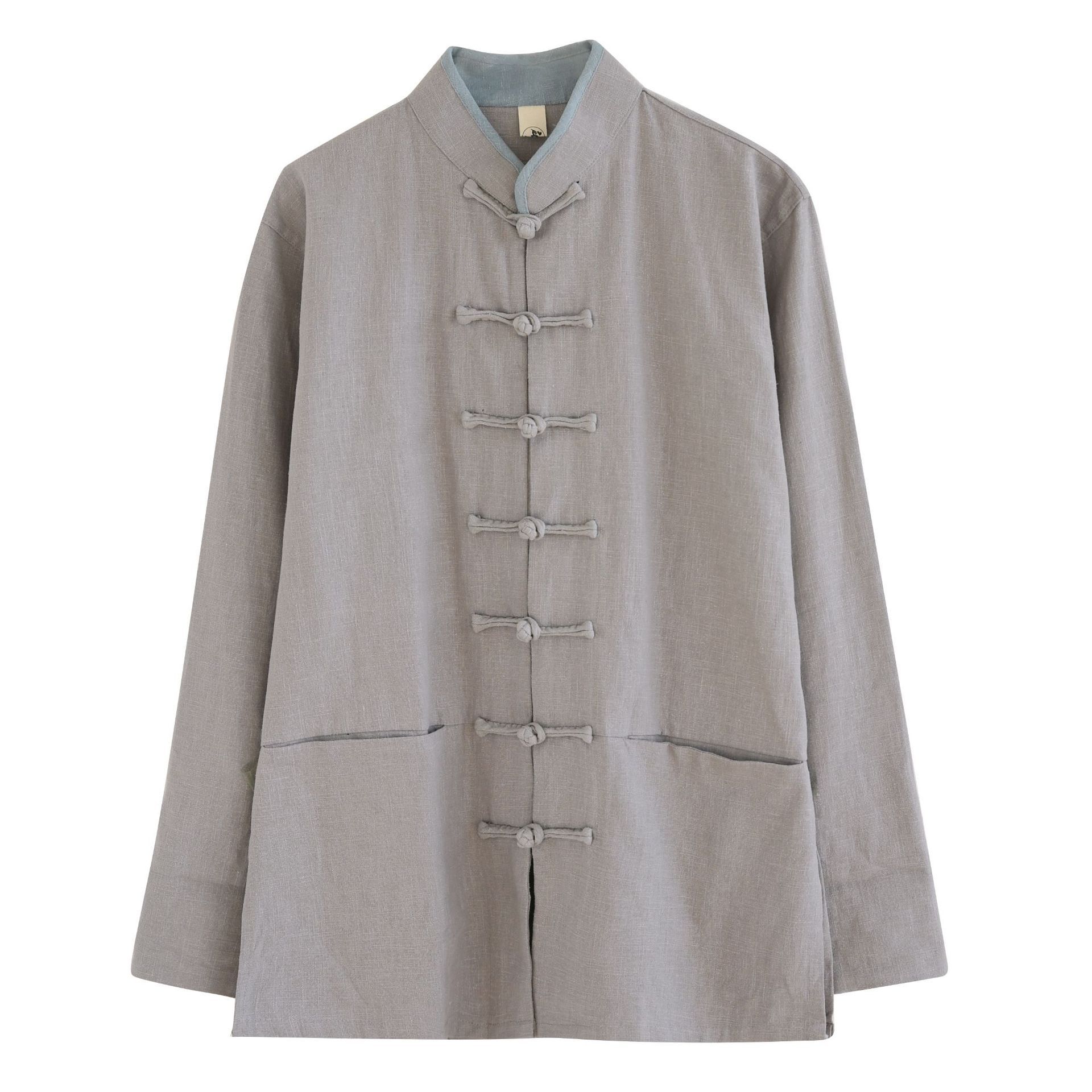 春季新款滚边对襟衣苎麻挽袖男式衬衫复古立领风休闲衬衣