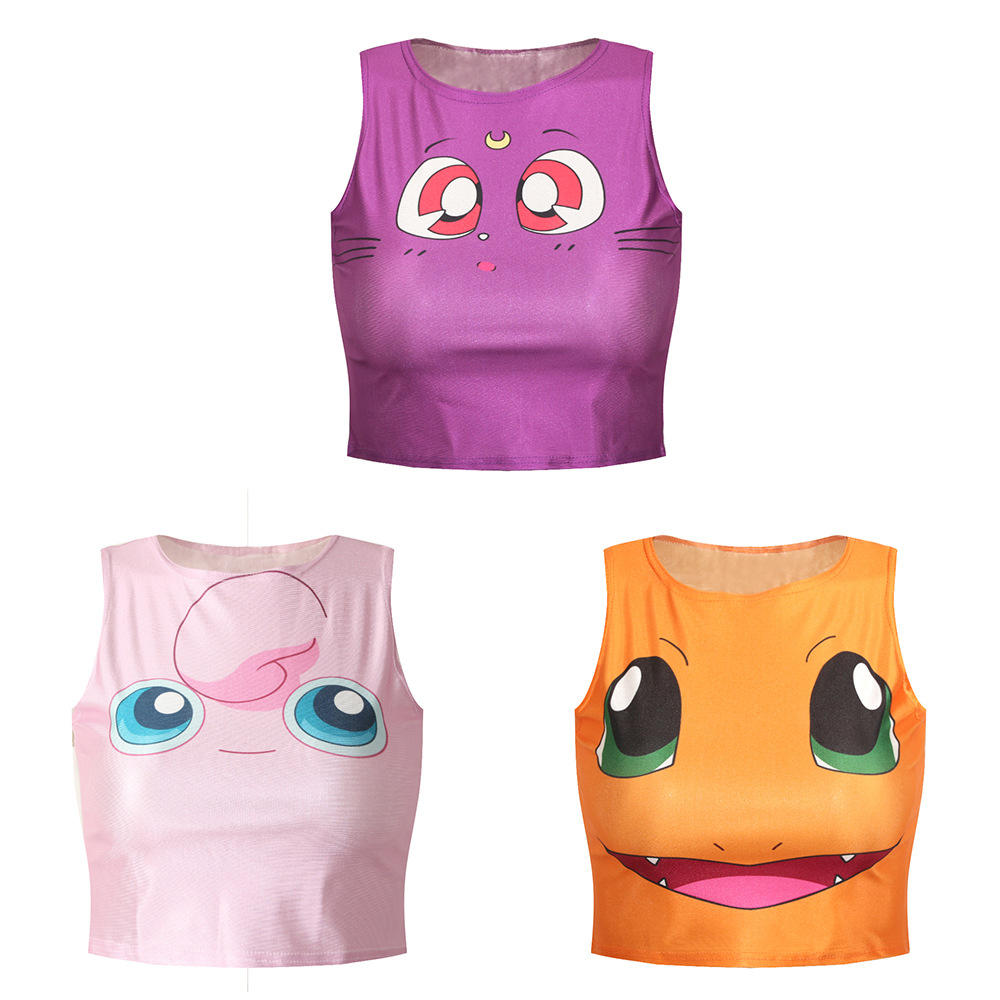 淘货源欧美女装皮卡丘印花女式性感修身露脐上衣无袖半节小背心
