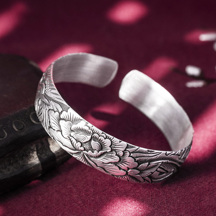 s999纯银凤穿牡丹女款足银手镯复古宽面银镯子手环原创手工