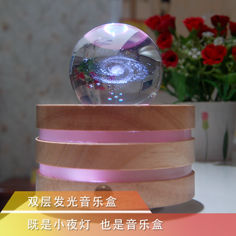 Beech Crafts Creative Wooden Music Box Bluetooth DYI Rotating Crystal Ball Music Box Small Night Lamp Ornaments