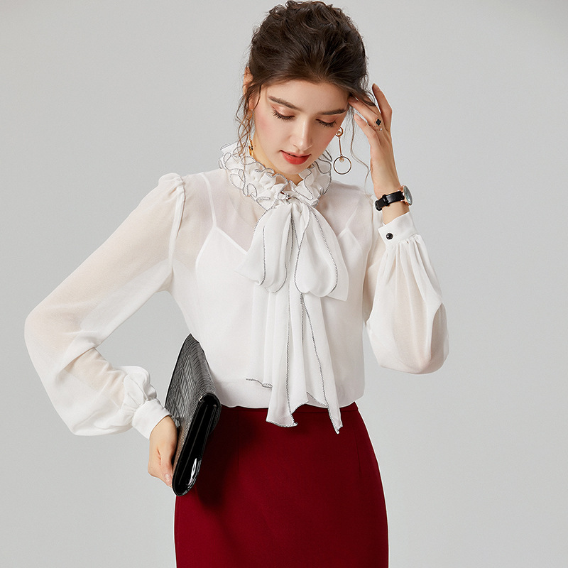 花边领宫廷风荷叶边衬衫 014059绑带蝴蝶结宽松灯笼袖上衣女秋冬
