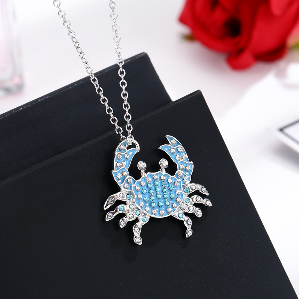 欧美时尚wish新款 海洋螃蟹镶钻项链个性蓝色巨蟹座女士吊坠项饰