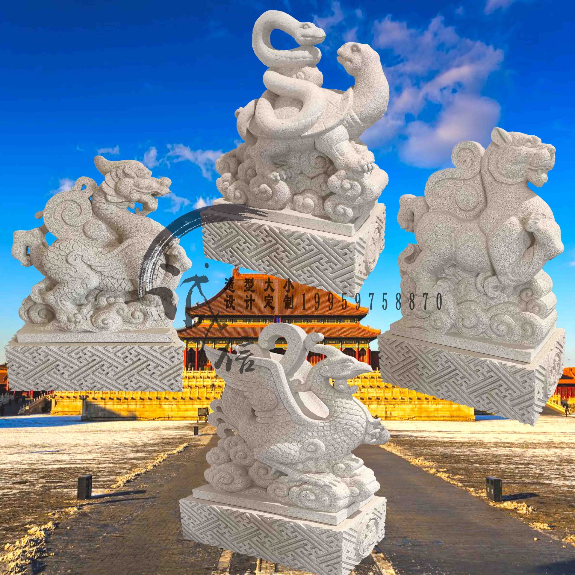 惠安石雕四大神兽 左青龙前朱雀右白虎后玄武园林动物 四方石雕塑