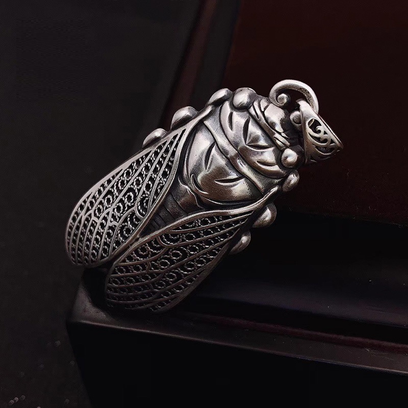 足银s999知了吊坠复古时尚银蝉知足常乐纯银毛衣挂坠