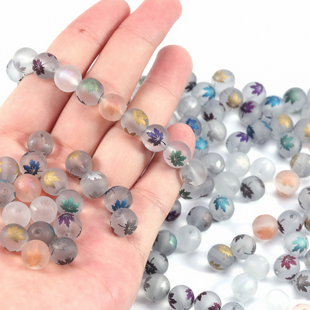 枫叶印花玻璃珠 手链项链玻璃珠 diy手工串珠散珠玻璃珠批发t4198