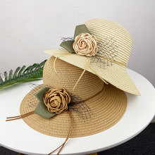 玫瑰花朵草帽女夏天韩版遮阳帽蕾丝太阳帽出游沙滩帽大沿防晒帽子