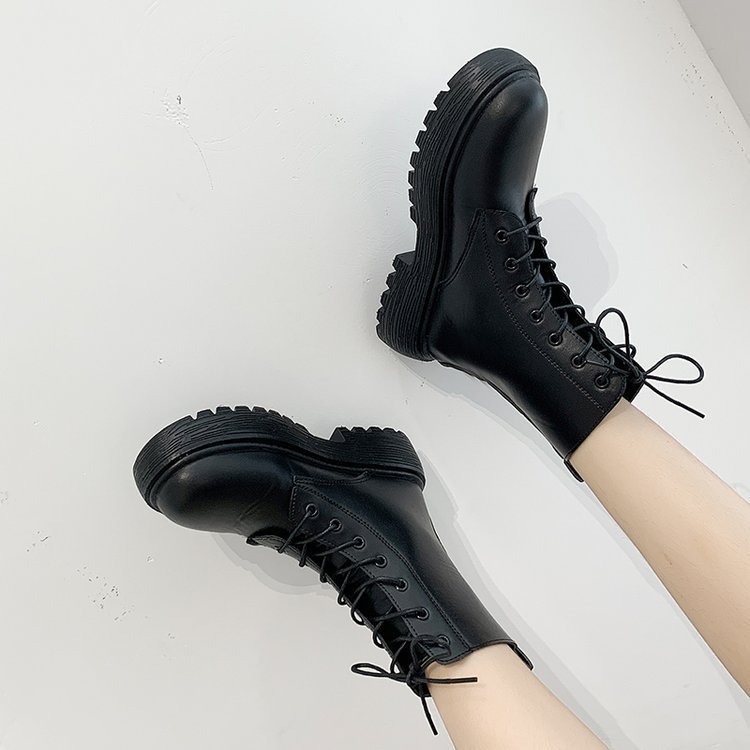 网红马丁靴女2020年秋季新款韩版厚底增高瘦瘦靴系带帅气机车靴潮