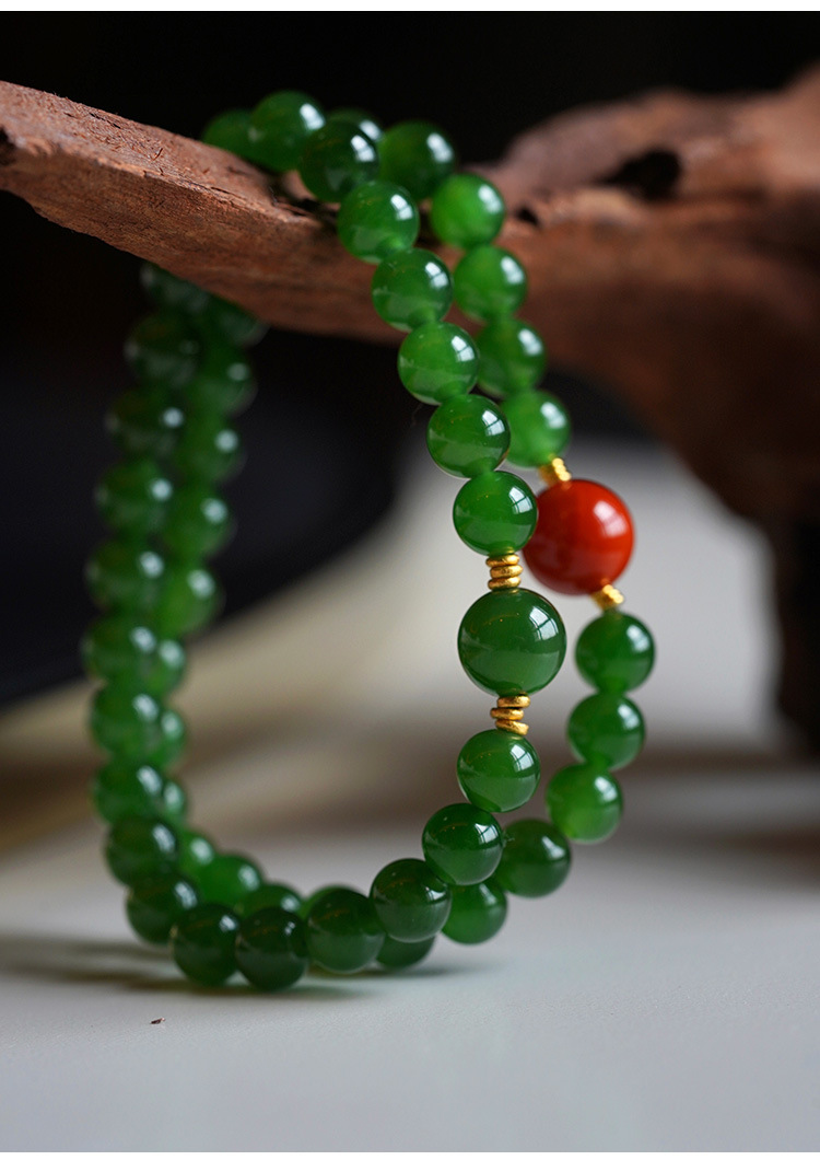 和田玉碧玉手串碧玉辣绿简单大气14k金手串南红珠手串单圈8mm礼物