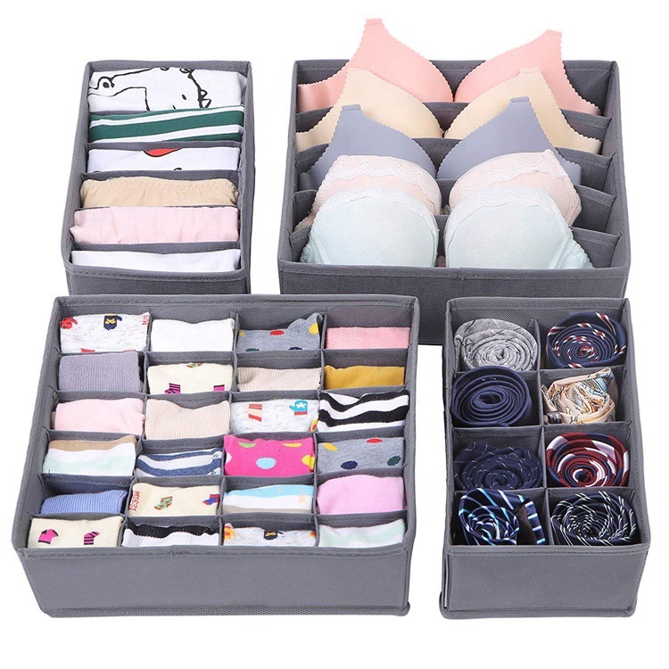 Underwear Storage Box 4-Piece Set Bra Socks Drawer-Styled Organizing Box Non-Woven Household Folding Compartment Storage Box