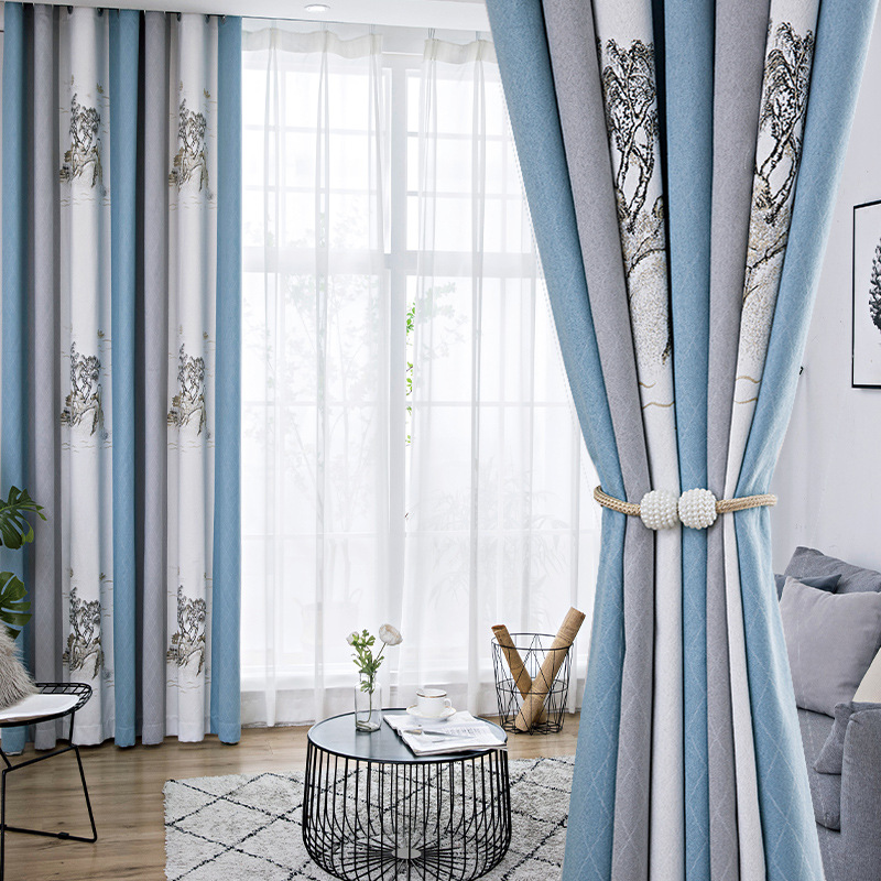 新中式拼接色窗帘简约现代大气2021年新款山水画客厅卧室遮光成品