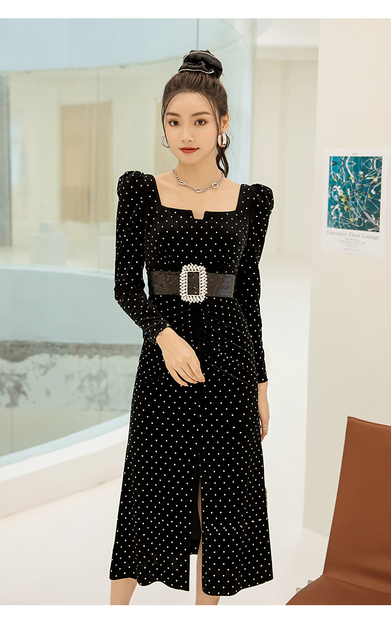秋冬时尚高腰气质烫钻丝绒长袖波点黑色包臀中长裙连衣裙女 66218
