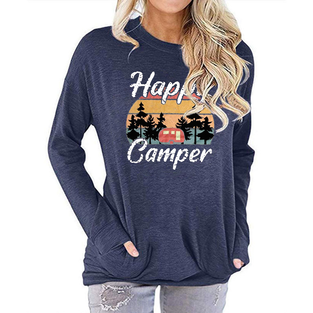 卡妮服饰热卖爆款女装口袋卫衣 happy camper印花圆领蝙蝠长袖t恤