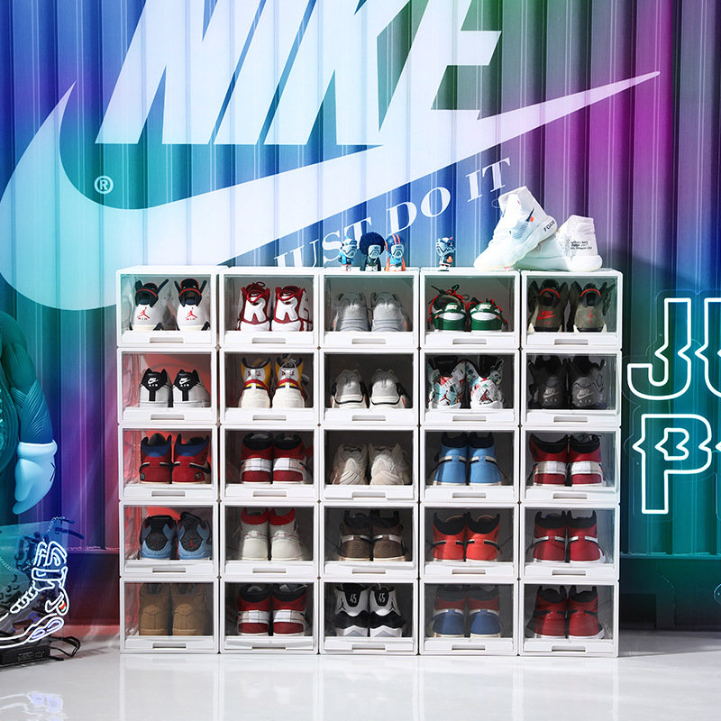 抽屉式自动开门收纳鞋盒运动鞋折叠式透明大号防尘展示亚克力鞋墙