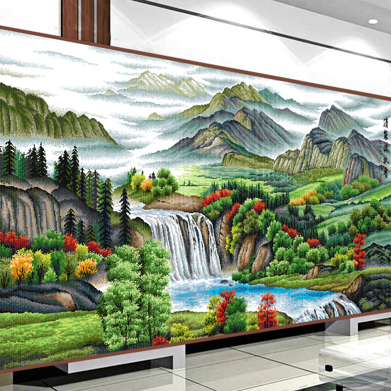 流水生财十字绣风景聚宝盆山水画自己绣手工客厅大幅2019新款线绣