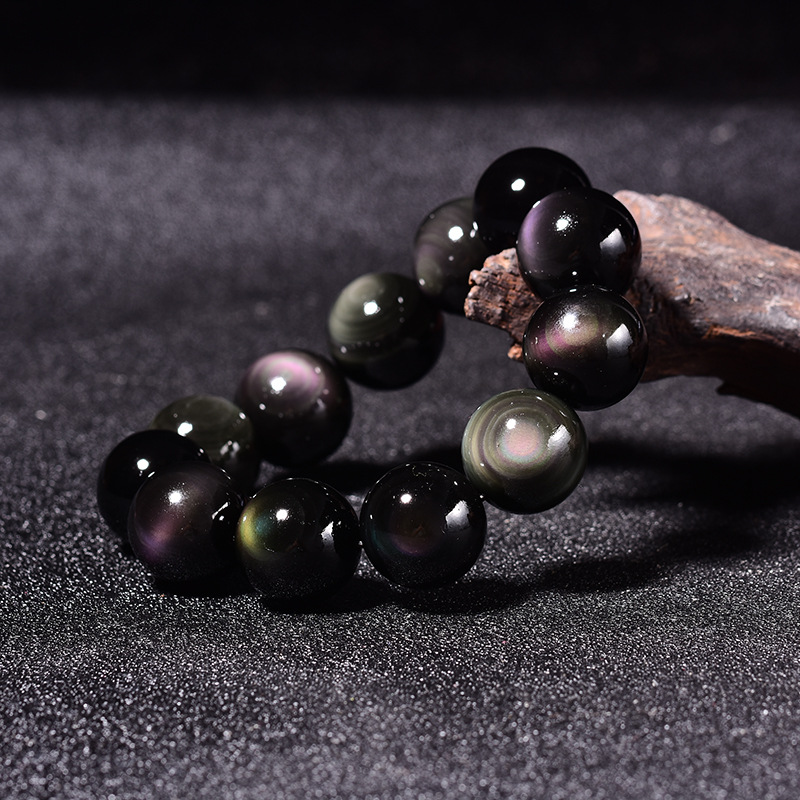 天然黑曜石手串 水晶双彩单圈猫眼石串珠情侣手链 男女款礼物