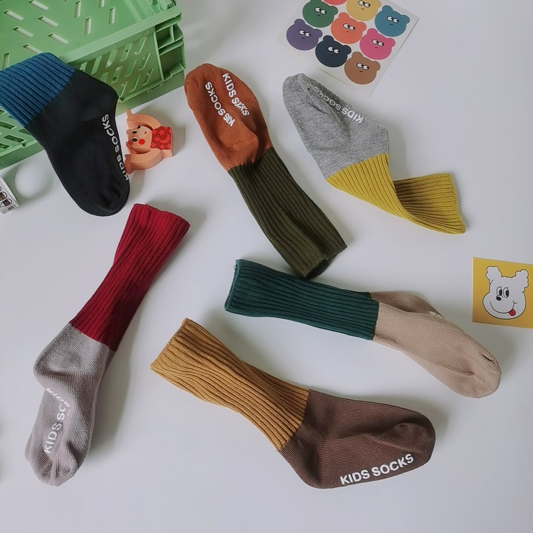 秋冬新款宝宝拼色地板袜防滑婴儿学步袜男女宝宝精梳棉中筒袜短袜