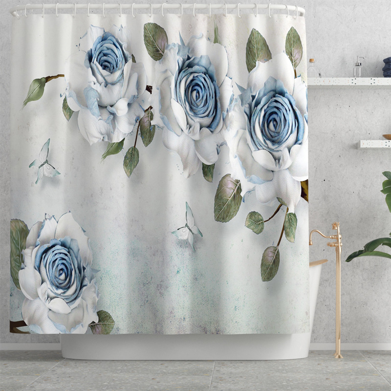 Cross-Border New Arrival Flower Butterfly Printing Waterproof Shower Curtain Household Carpet Four-Piece Set Flower and Grass Series to Figure DIY