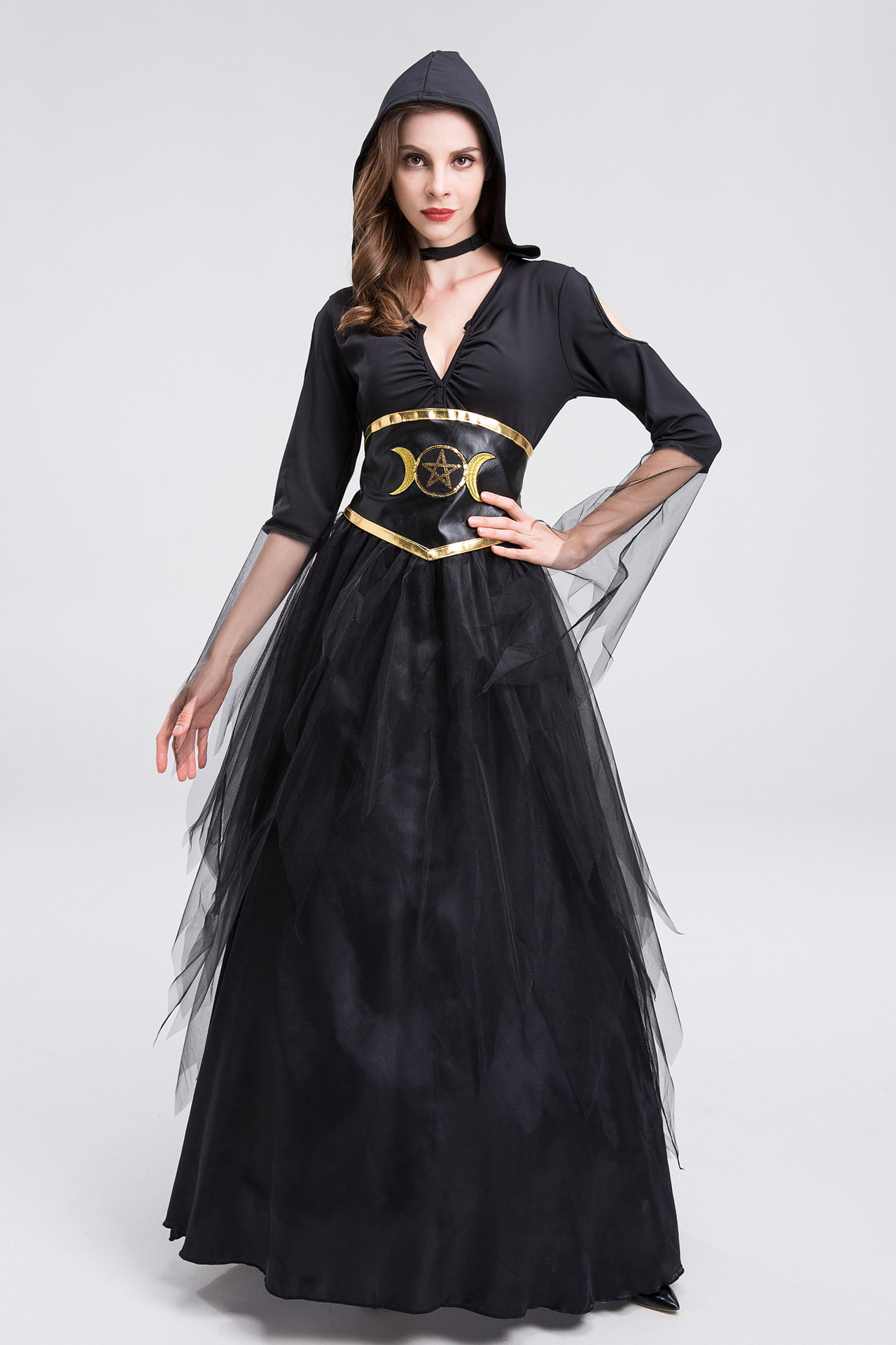 弹力万圣节女巫服长袍女巫魔女cosplay服装成人女法师角色扮演服