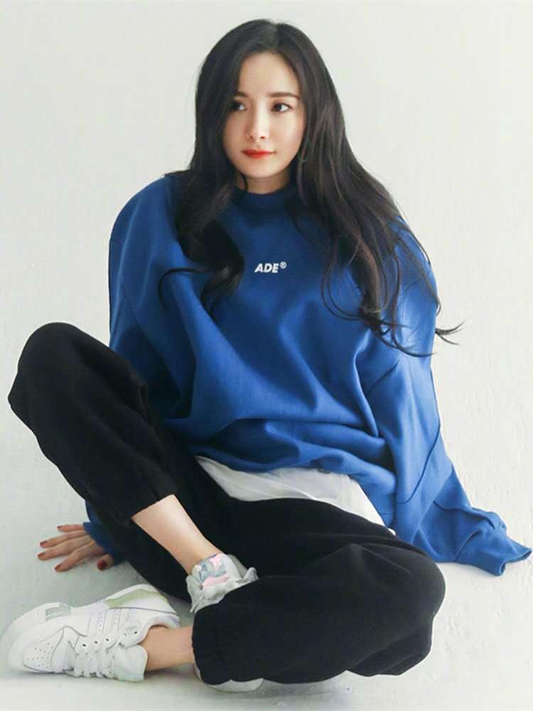2021秋杨幂明星同款蓝色加绒卫衣女宽松ader套头时尚新品潮8021