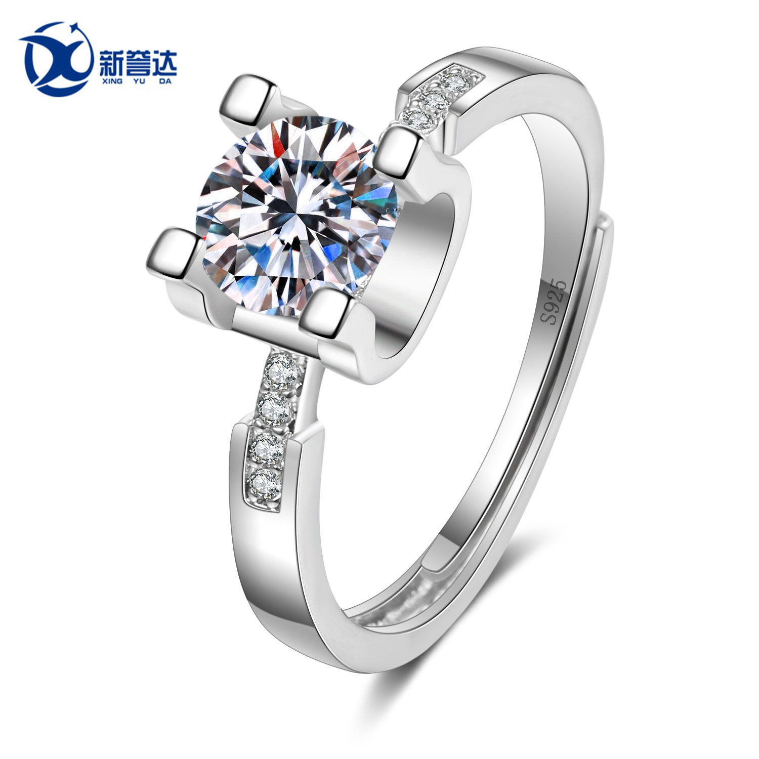 1克拉小蛮腰微镶牛头莫桑钻戒指银镀金空托活口925纯银5a厂家直销