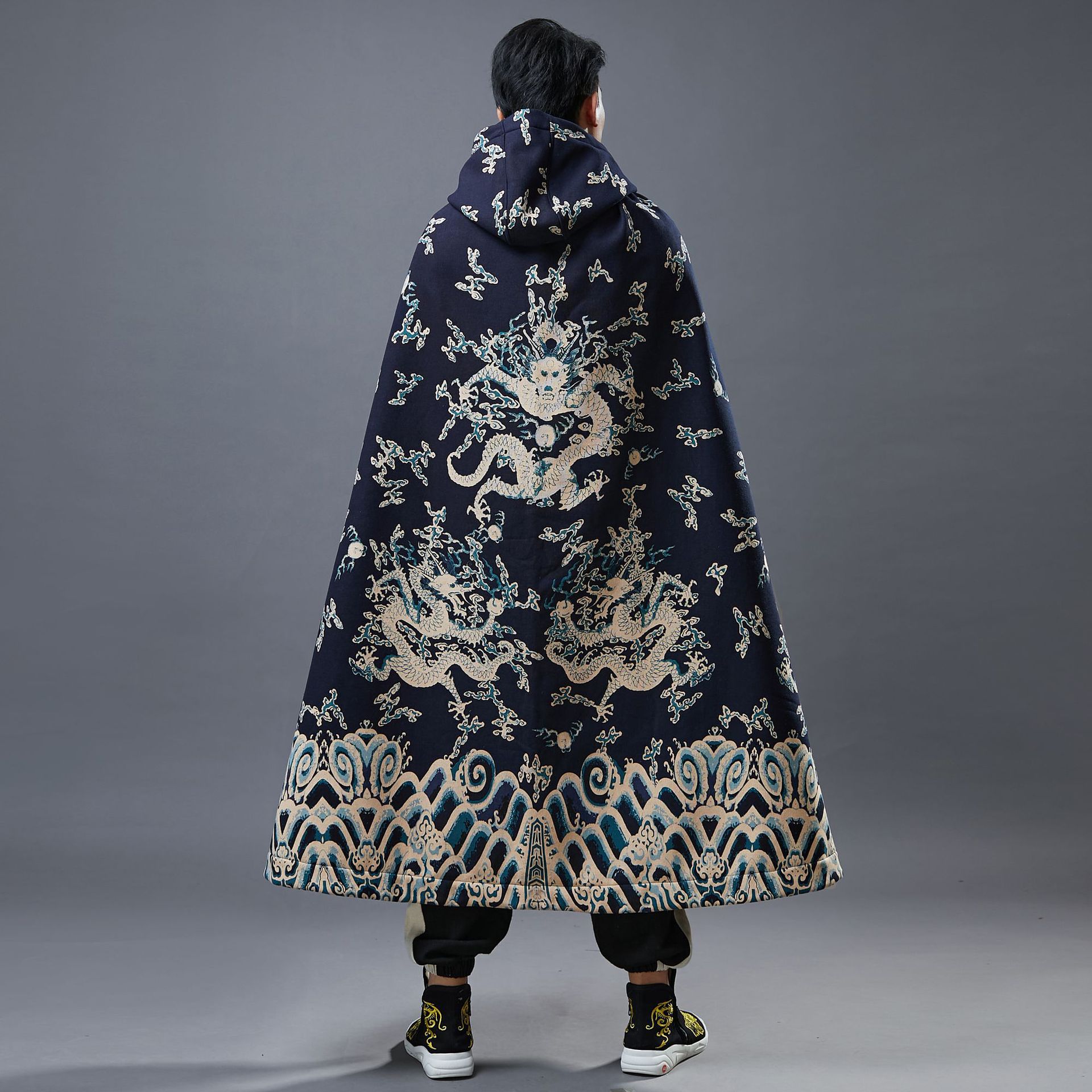 2020秋冬斗篷披肩 龙纹加绒斗篷 汉服披风古装国风男麻棉印花