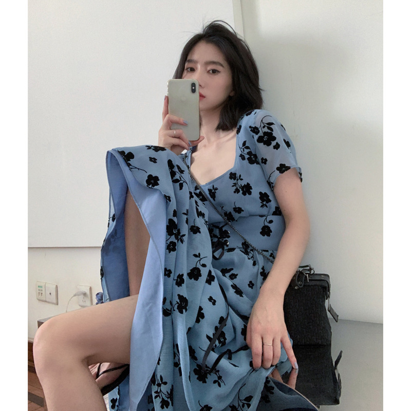 法式方肩初恋裙大码长裙子显高显瘦收腰气质性感连衣