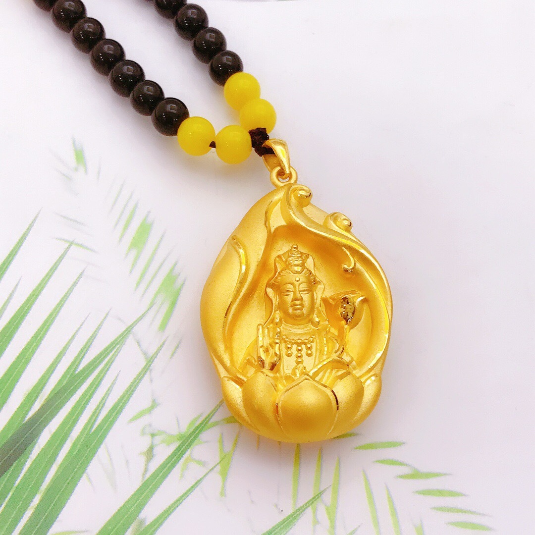 3d硬金观音吊坠男足金999精品24k黄金观音项链