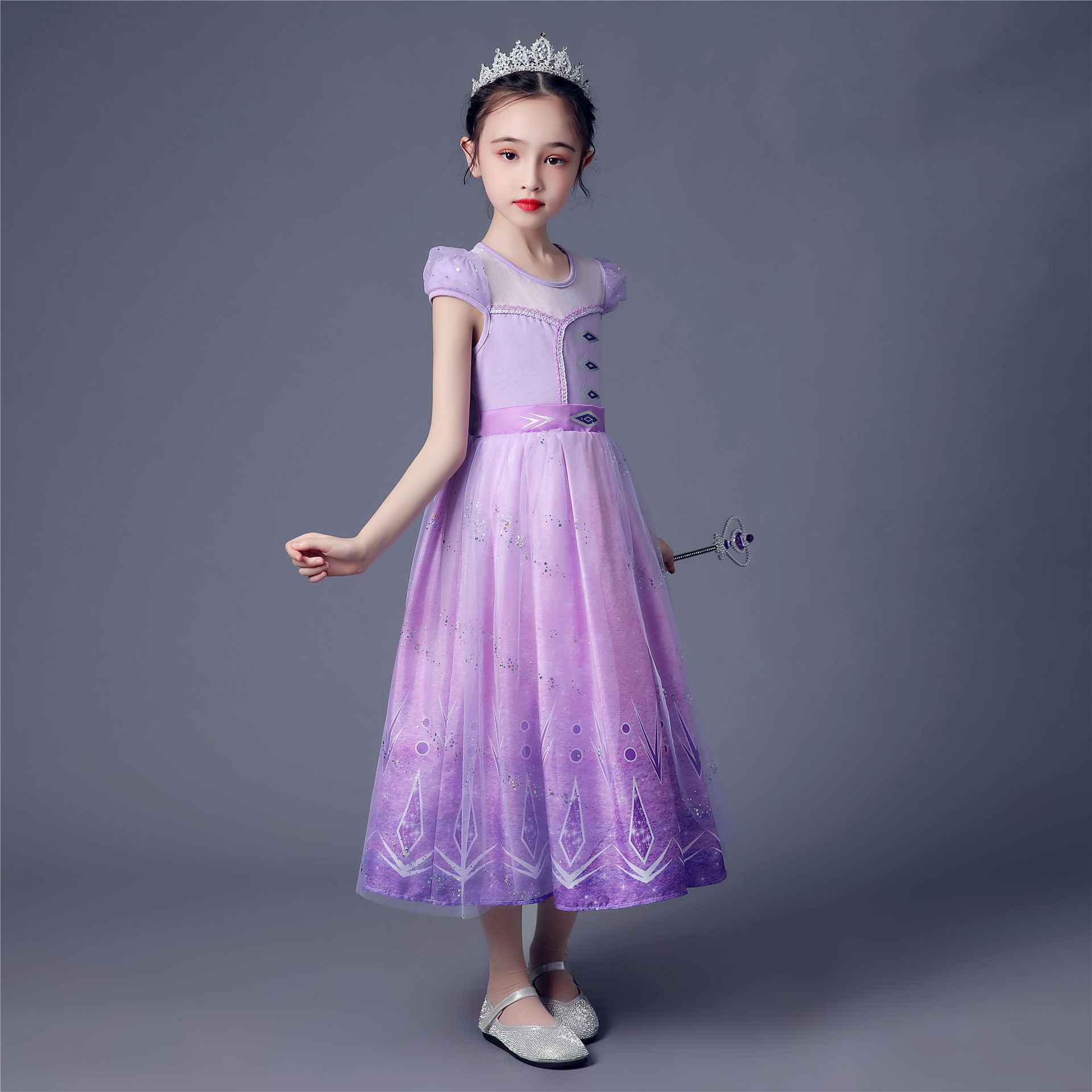 冰雪2爱莎公主裙紫色短袖艾莎连衣裙儿童服装女孩六一演出裙