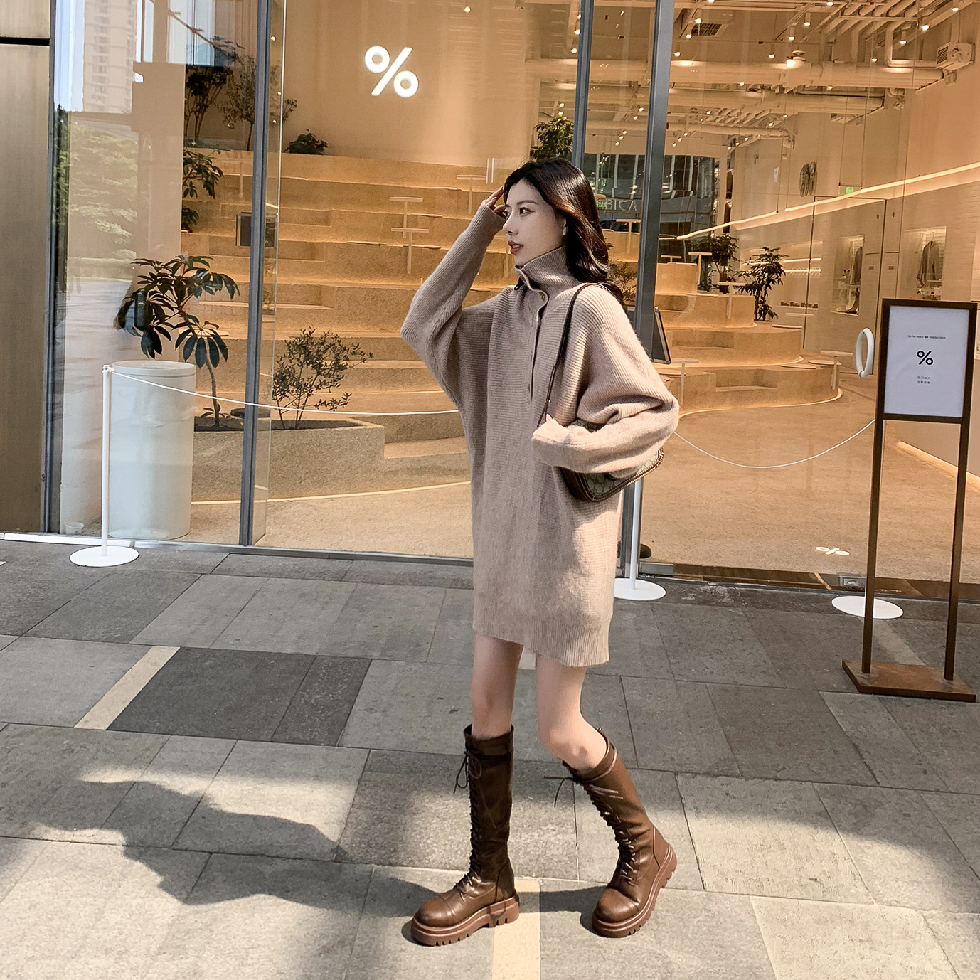 秋季2020新款复古高领慵懒风中长款小个子毛衣女外穿洋气针织上衣